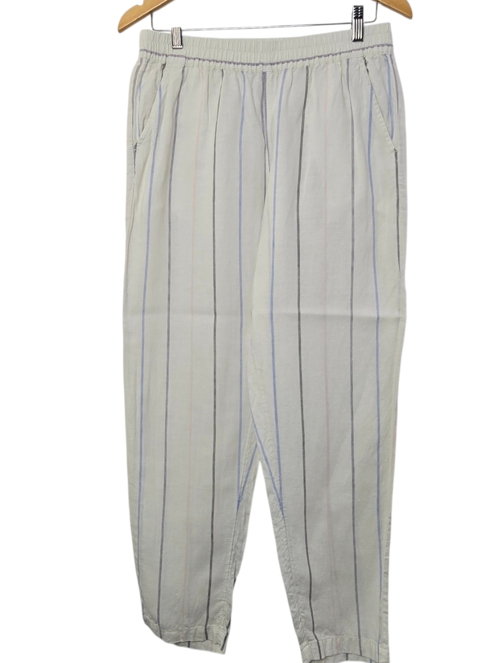 C&C California 100% Linen Striped Pants White Blue Sz M Wide Leg Coastal Casual